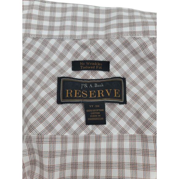 NWOT JOS A. BANK Reserve Mens Dress Shirt Tailored Fit No Iron Brown Plaid 17 35 - Picture 3 of 4
